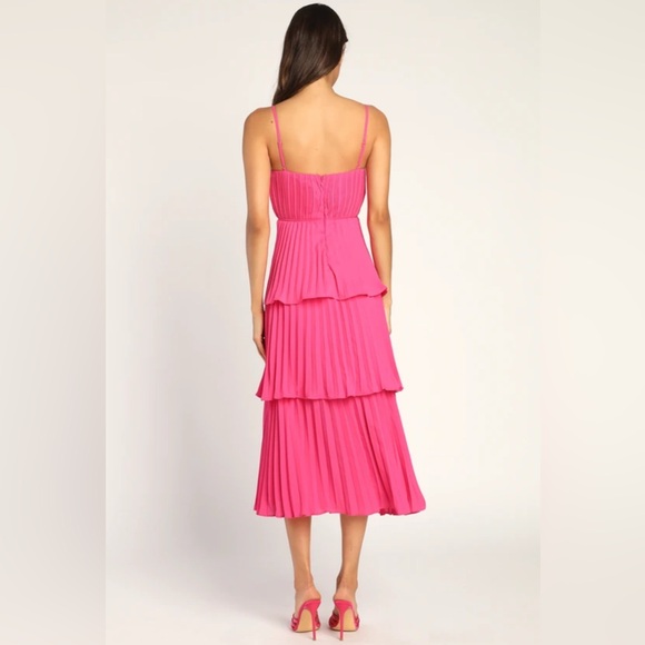 Lulus Cascading Crush Hot Pink Tiered Midi Dress - Size L - Picture 3 of 10